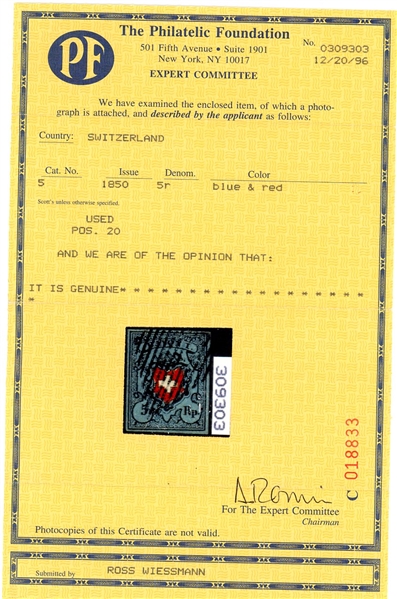Switzerland Scott 5 Used, 4 Margins, with 1996 PF Certificate (SCV $1375)