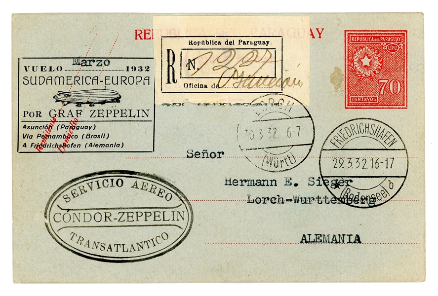 Paraguay Sieger 141 Flown Zeppelin Card (Est $100-150)