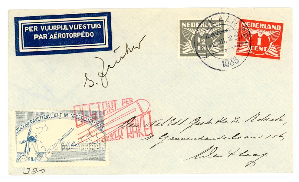 Netherlands 1935 Rocket Mail Cover, Signed Zucker (Est $90-120)