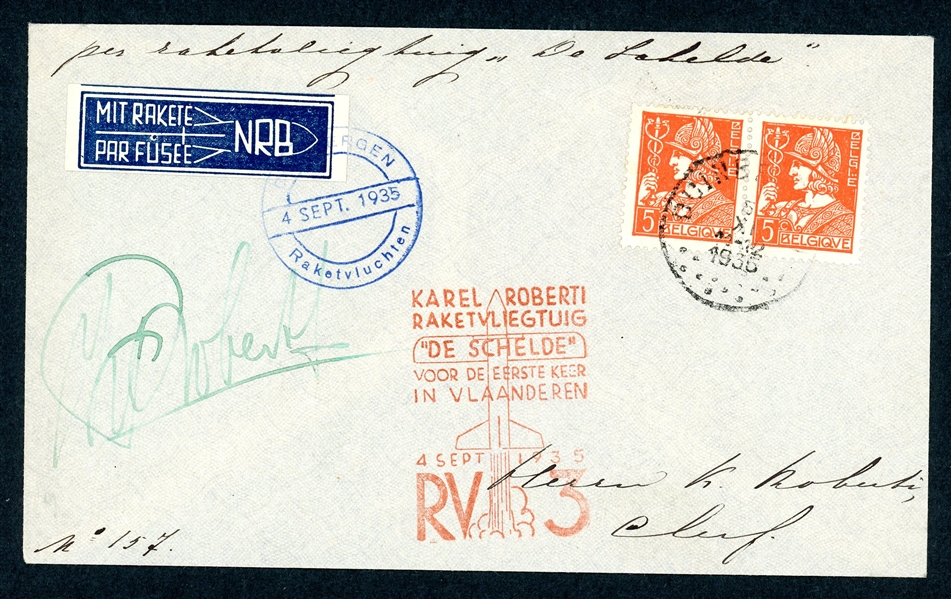 Belgium 1935 Flown Rocket Mail Cover, Signed Roberti (Est $60-90)