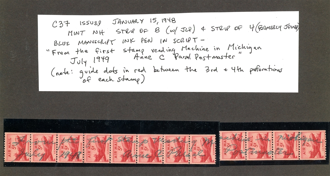 USA Scott C37 Strips, First Stamp Vending Machine Postmaster Text (Est $100-200)