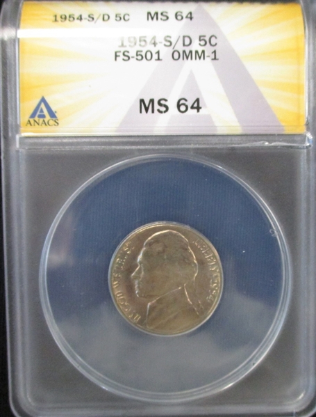 Jefferson Nickel 1954 S over D, ANACS MS64 (Est $80-100)