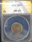 Jefferson Nickel 1954 S over D, ANACS MS64 (Est $80-100)