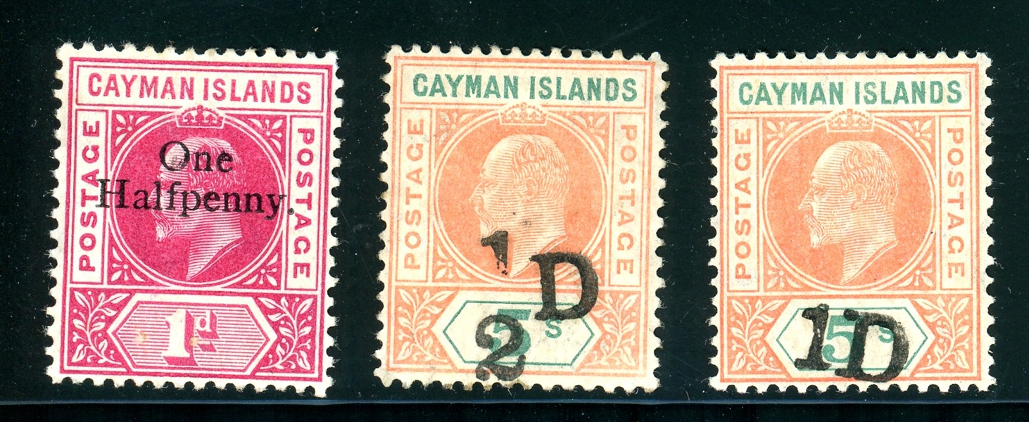 Cayman Islands Scott 17-19 MH, 1907-9 Handstamps (SCV $735)