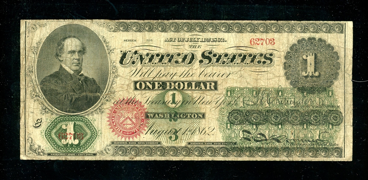 1862 $1, One Dollar Legal Tender United States Note, Very Good (Est $250-300)