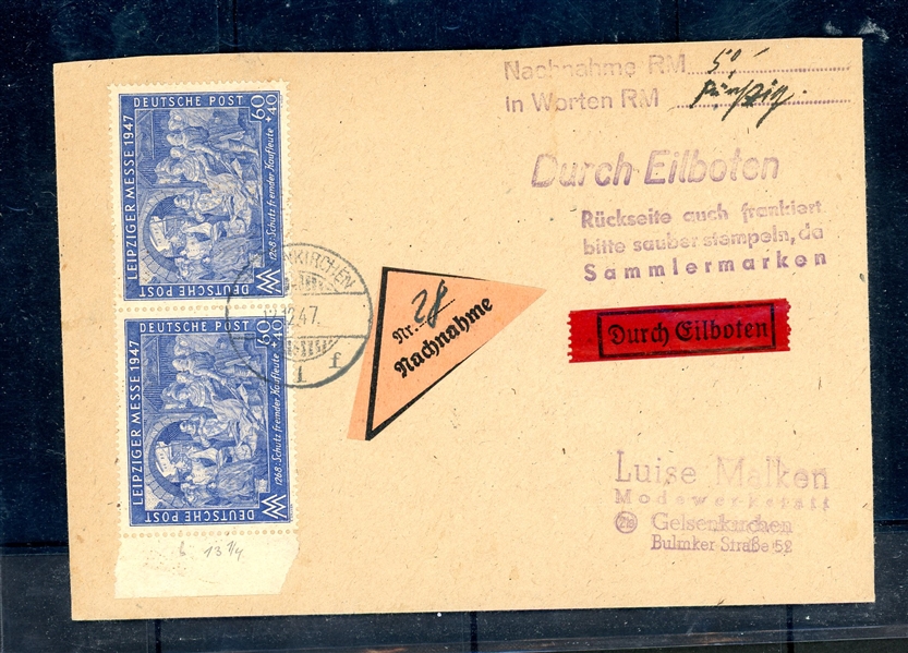 Germany 1947 Special Delivery COD Cover with Rare Michel 941 I E Pair (Est $400-800)
