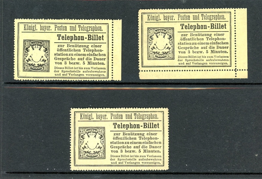 Bavaria 3 Different 1894 Telephone Stamps (Est $90-120)