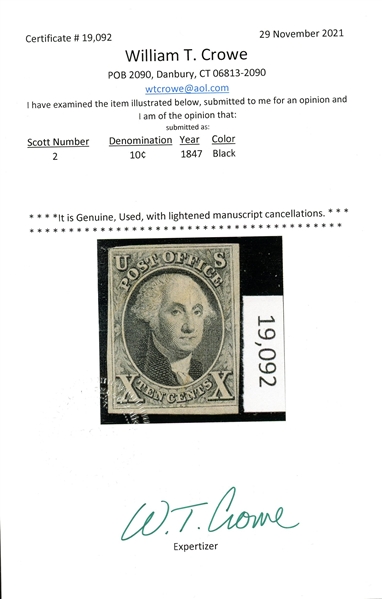 USA Scott 2 Used, Just 4 Margins with 2021 Crowe Certificate (SCV $425)