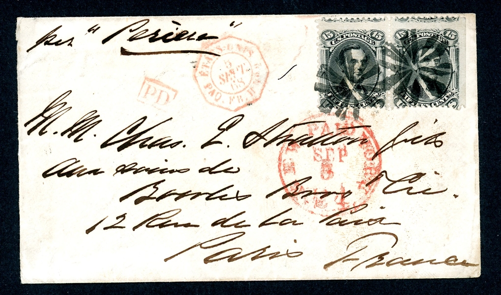 USA Scott 91 Horizontal Pair on 1868 Cover to France (SCV $1500)
