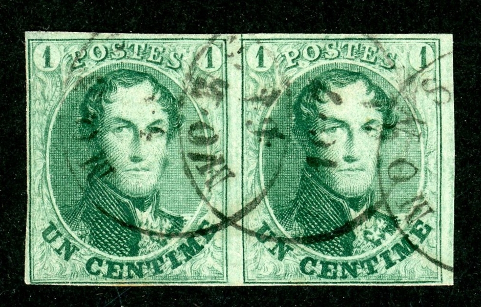 Belgium Scott 9 Used Pair, 4 Margin, 1861 Leopold I (SCV $250)
