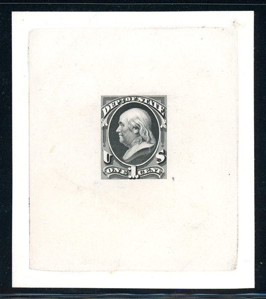 USA Scott O57TC1 1c State, Black Trial Color Proof, India Paper on Card Blotter  (SCV $500)
