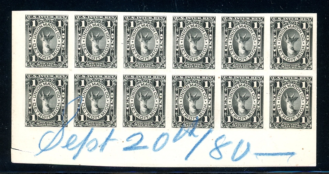 USA Scott RO179P4  1c Black Union Match Company Plate Proof on Card, Block of 12 (Est $600-800)
