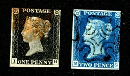 Great Britain Scott 1-2 Used, Penny Black and 2p Blue, 3 Margins (SCV $1325)