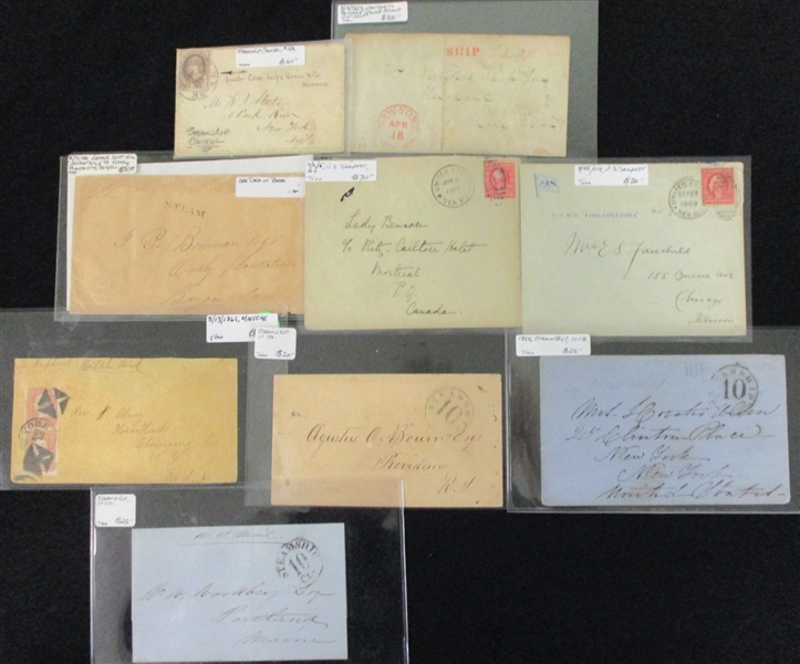 USA, 9 Early Steamship/Seapost Related Covers (Est $100-150)