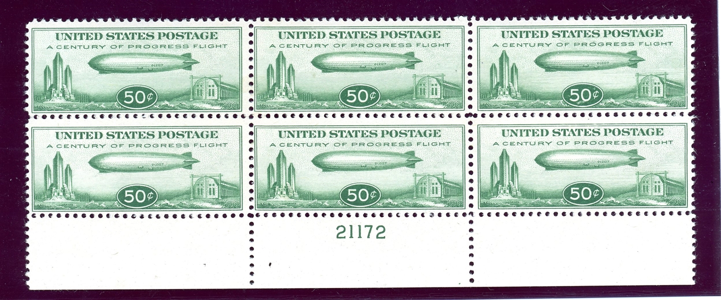 USA Scott C18 MLH F-VF Plate Block of 6, 50c Baby Zeppelin (SCV $475)