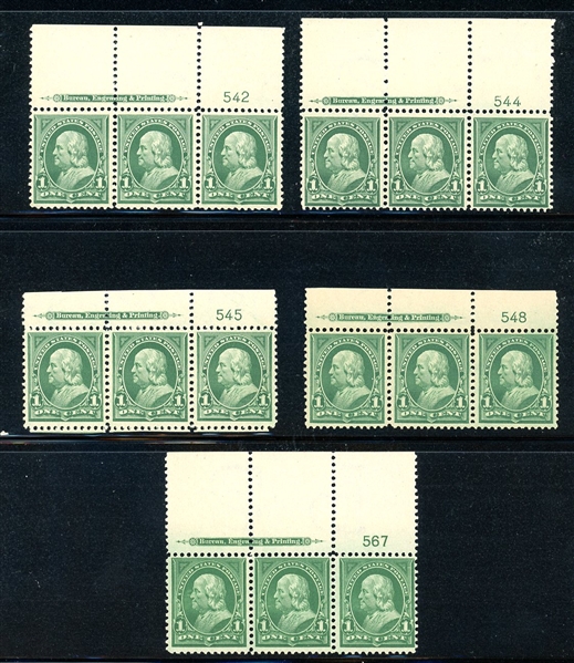 USA Scott 279 Plate Strip/3 with BEP Imprint, 15 Different Plate Numbers, All MNH (SCV $1275)
