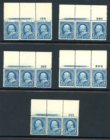 USA Scott 264 Plate# Strip/3 with BEP Imprint, 5 Different Plate Numbers, MNH/MLH (SCV $540)