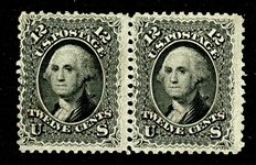 USA Scott 69 Unused Horizontal Pair, Fine+, 1861 12c Washington (SCV $3750)