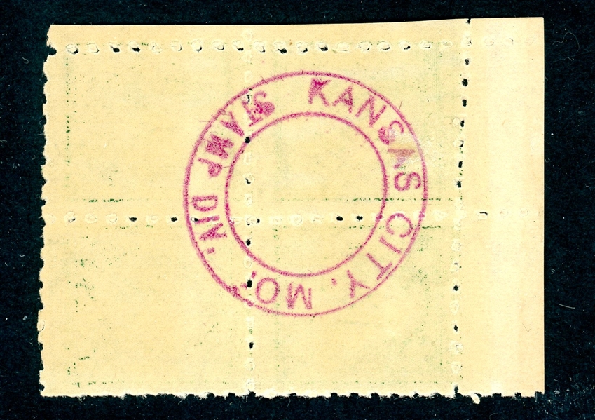 USA Scott 408var MNH/MLH Corner Block of 4 Kansas City Roulette, With PO Stamp on Back (SCV $200)