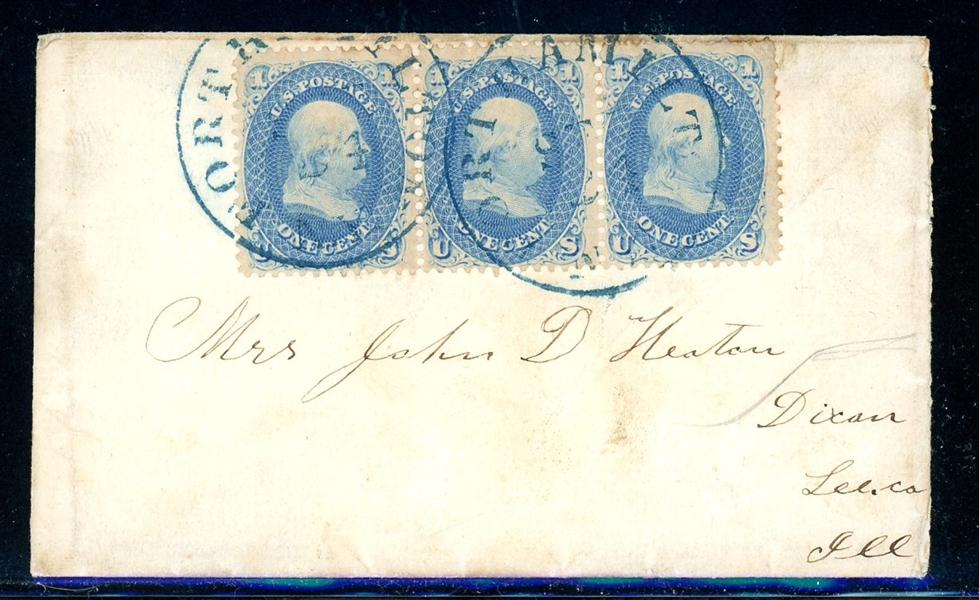 USA Scott 63 Strip of 3 Tied with Blue Fort Hamilton, NY Cancels (Est $90-120)