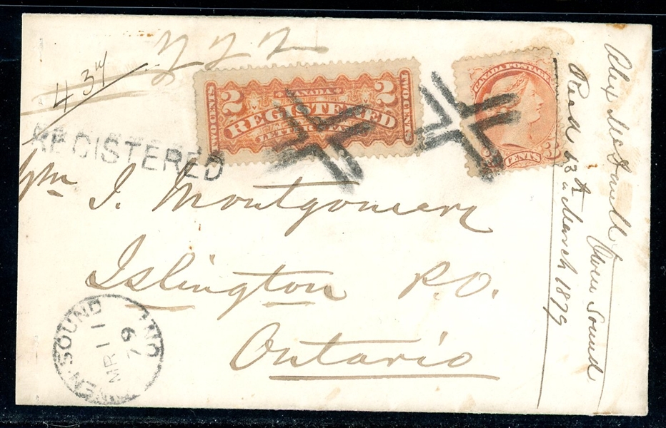 Canada Scott 37, F1 on Registered Cover, 1879, Crossroads Cancel (Est $75-100)