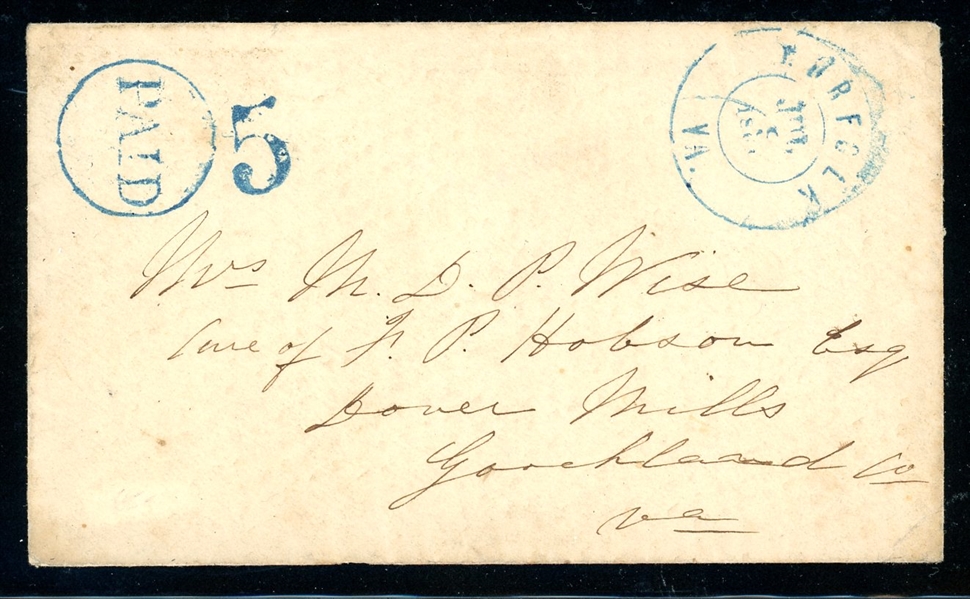 Confederate Cover - Handstamp PAID 5 Norfolk 1861 (Est $90-120)