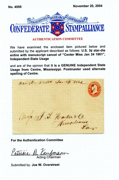USA 3c Star Die Postal Stationery, CSA Usage 1861, 2004 CSA Cert (Est $200-300)
