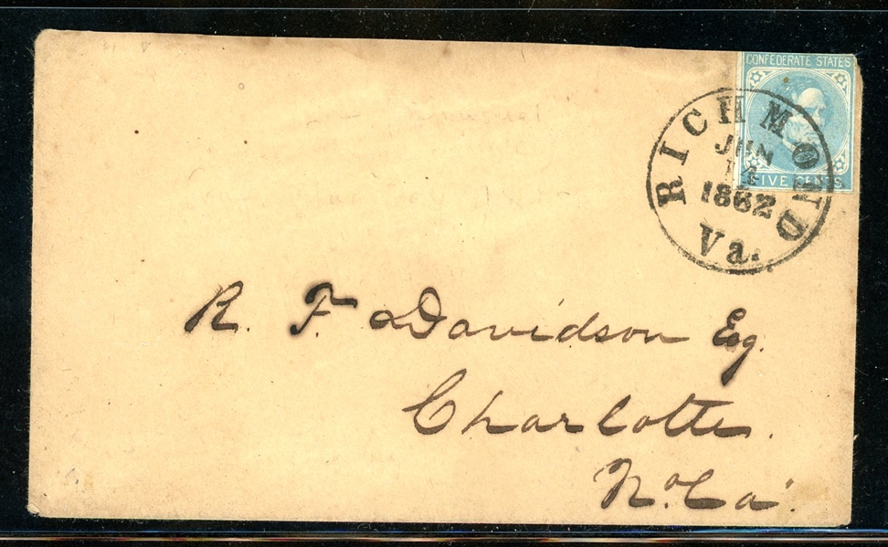 CSA Scott 6 on 1862 Cover, Richmond VA (Est $90-120)