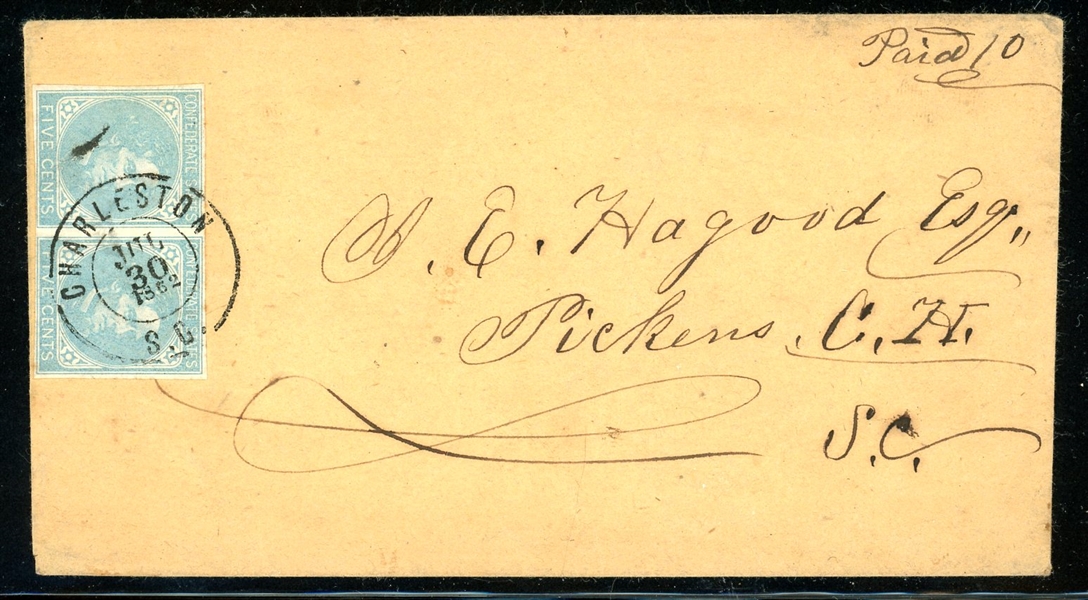 CSA Scott 6 Horiz Pair on Cover, Charleston SC, 1862 (Est $70-100)