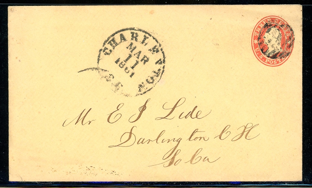 USA 3c Star Die Postal Stationery, CSA Usage, Charleston SC 1861 (Est $100-150)