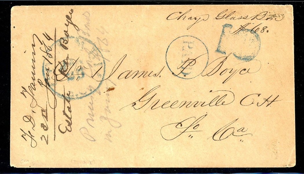 CSA Cover Columbia SC and PAID 10 Handstamp, 1864 (Est $75-125)