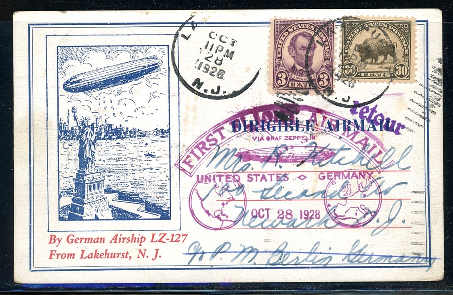 USA Zeppelin Card 1926 Sent and Returned (Est $50-100)