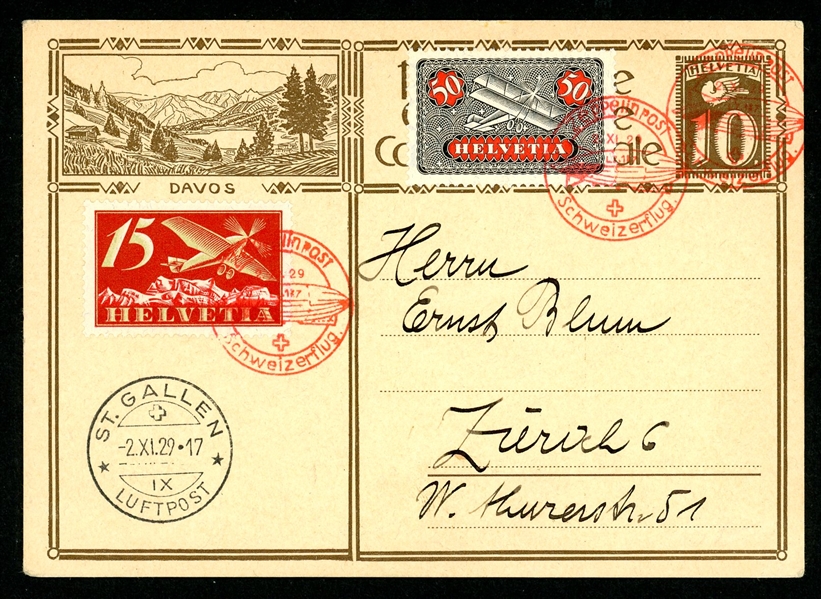 Switzerland 1929 Zeppelin Card, Flight LZ-127, Swiss Post Office (Est $30-40)