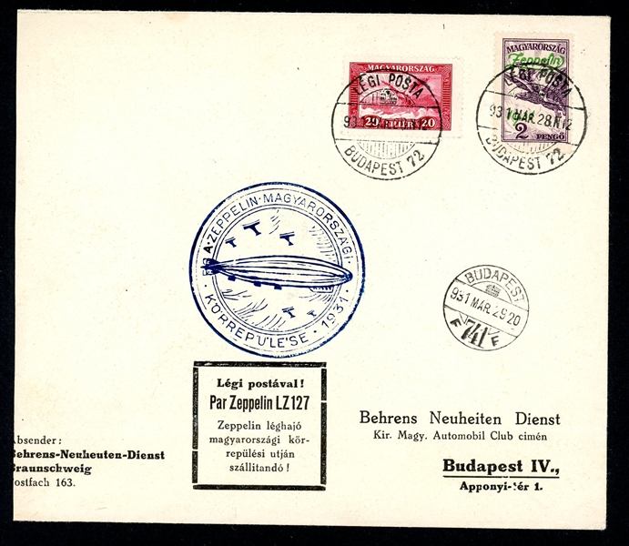 Hungary 1931 Zeppelin Cover, Flight LZ-127, Hungary Post (Est $100-150)