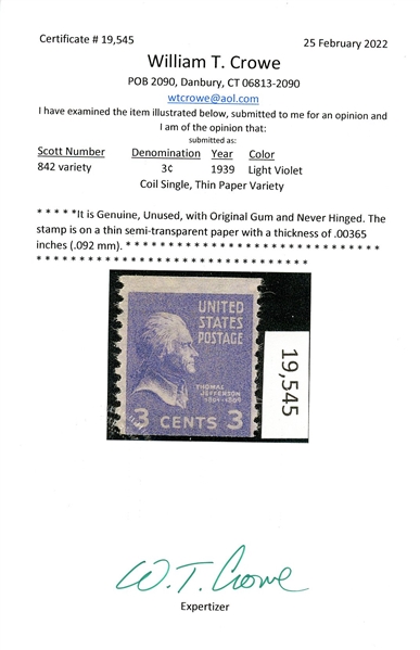 USA Scott 842 Variety, MNH Just Fine, Thin Paper Variety with 2022 Crowe Cert (Est $200-300)