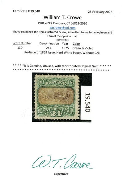 USA Scott 130 MH, F-VF, 24c Re-Issue (1875) with 2022 Crowe Cert (SCV $2000)