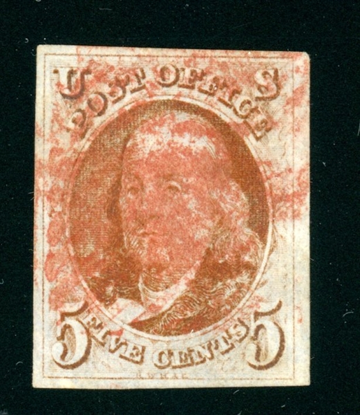 USA Scott 1 Used F-VF, Red Brown, 4 Margin, Red Cancel, Tiny Creases (SCV $350)