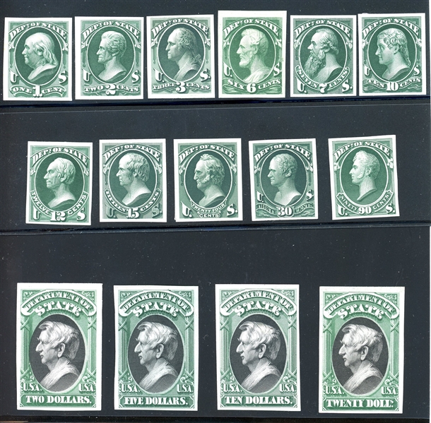 USA Scott O57P3-O71P3, 1c-$20 State Dept Plate Proofs on India Paper (SCV $625)