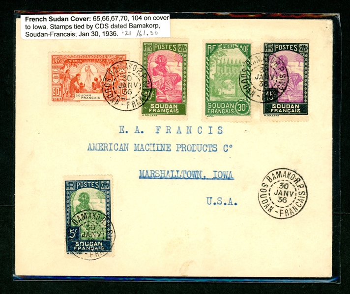 French Sudan Cover Sent to Iowa USA 1936 (Est $75-90)