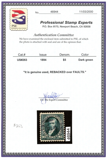 USA Scott 263 Used, F-VF, Faults, with 2000 PSE Certificate (SCV $2600)