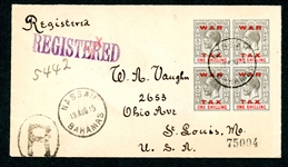 Bahamas 1919 Registered Cover with Scott MR13 Block/4 War Tax (Est $150-200)