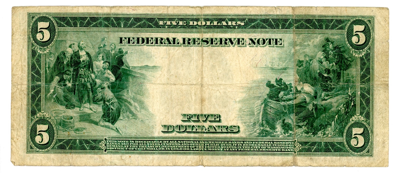 USA 1914 $5 Federal Reserve Note, Blue Seal, San Francisco Fair Condition