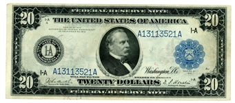 USA 1914 $20 Federal Reserve Note, Blue Seal, Boston Fine++ Condition