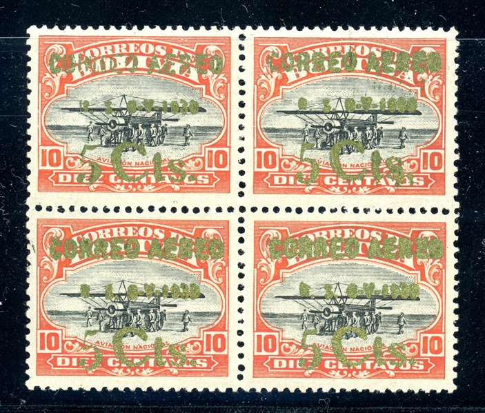 Bolivia Scott C19 MNH Block of 4 - Zeppelin Rare 1930 Surcharge (SCV $480)