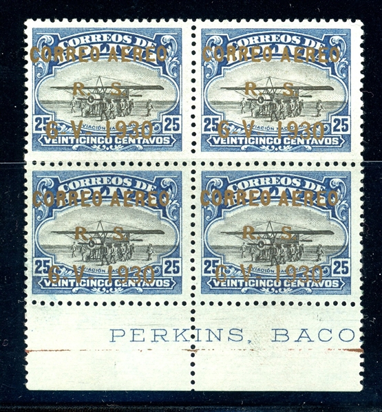 Bolivia Scott C22 MNH Margin Block of 4 - Zeppelin Rare 1930 Surcharge (SCV $400)
