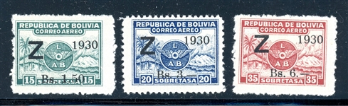 Bolivia Scott C24-C26 MH Complete Set - 1930 Surcharges (SCV $240)