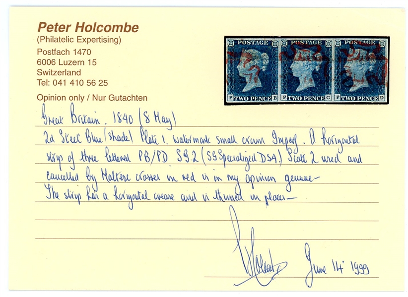 Great Britain Scott 2 Used Strip of 3, 1999 Holcombe Certificate (SCV $3250)