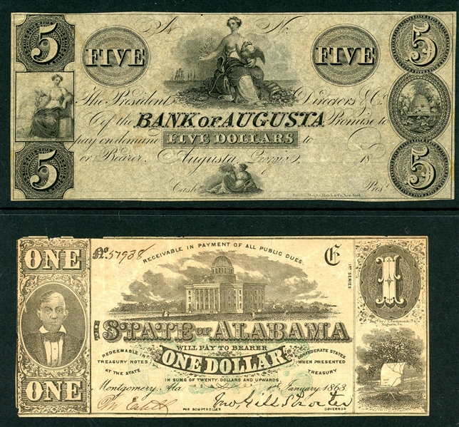 1860's Obsolete Currency Confederate Paper Money, 2 Items (Est $40-60)