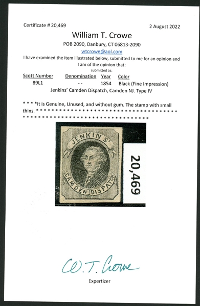 USA Local Scott 89L1 Unused 4-Margin, 1854 Jenkins' Camden Dispatch, 2021 Crowe Cert (SCV $350)