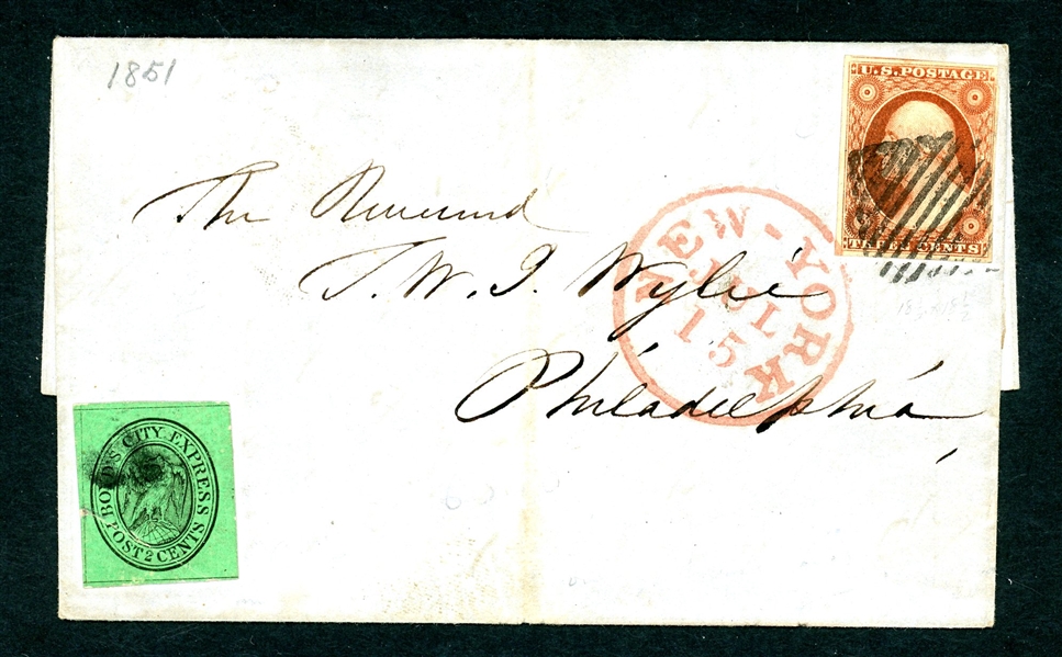 Boyd's City Express, Scott 20L7, 2c Black on Green Glazed on Folded Letter (Est $100-200)